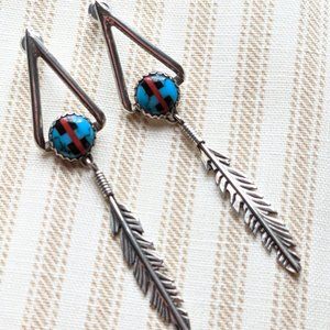 Native American Sterling Silver Turquoise, Coral, Onyx Inlaid Feather Earrings